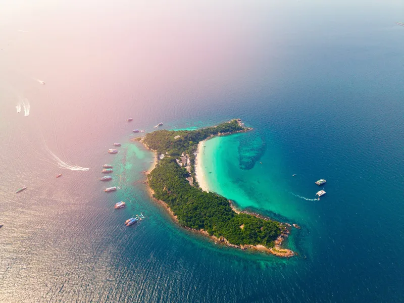 Aerial view of Koh Larn's turquoise bays off the Pattaya coast