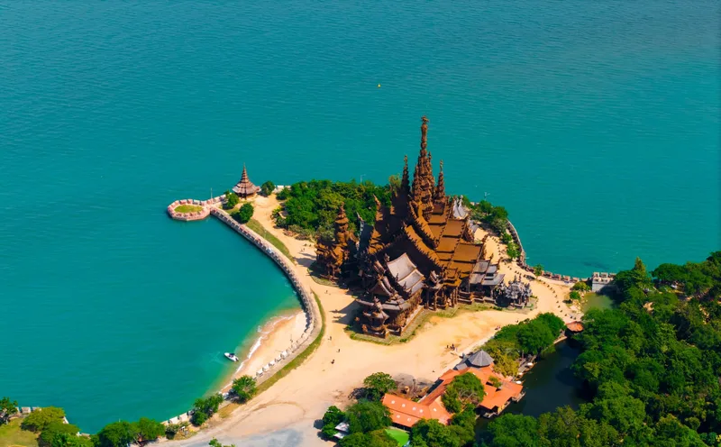 Aerial view of the carved wooden Sanctuary of Truth on the shore at Pattaya